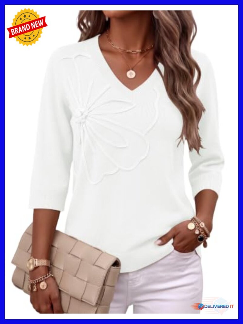 Viscose Blend V-Neck 3/4 Sleeve Floral Detail Pullover Sweater